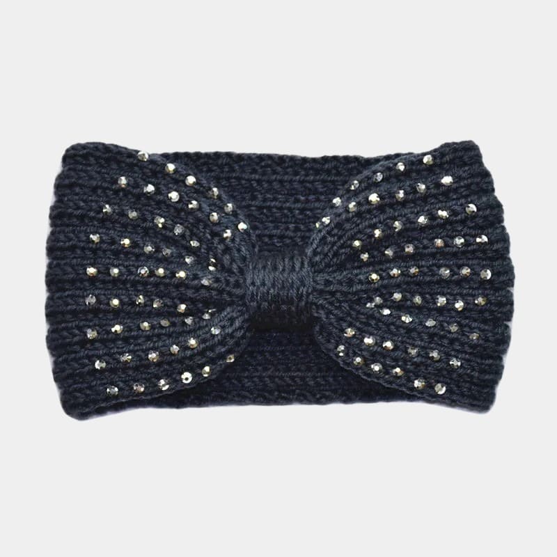 Bandeau en laine gris foncé avec perles et nœud