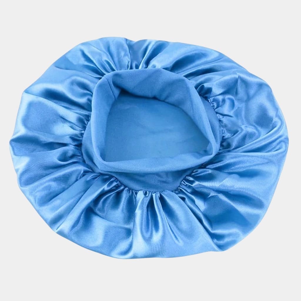 Bonnet de nuit en satin bleu ciel avec bandeau