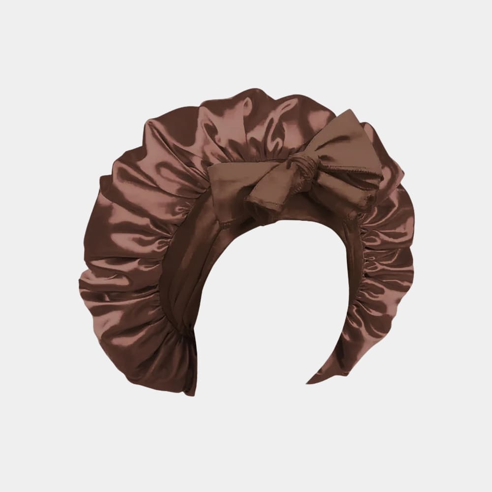 Bonnet de nuit en satin marron avec nœud ajustable