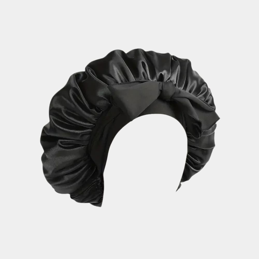 Bonnet de nuit en satin noir avec nœud ajustable