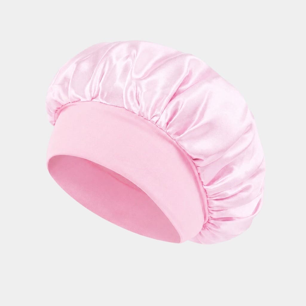 Bonnet de nuit en satin rose avec bandeau