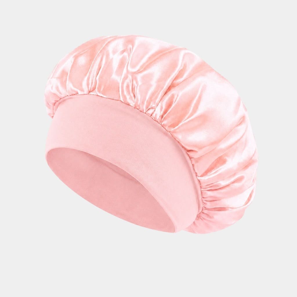 Bonnet de nuit en satin rose poudré avec bandeau