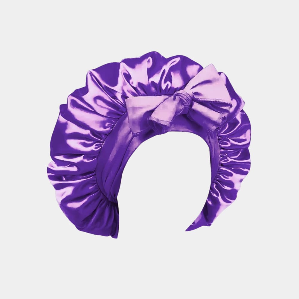 Bonnet de nuit en satin violet foncé avec nœud ajustable