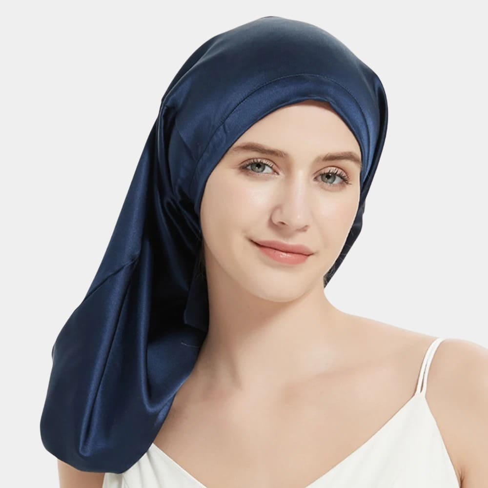 Bonnet de nuit en soie long bleu marine
