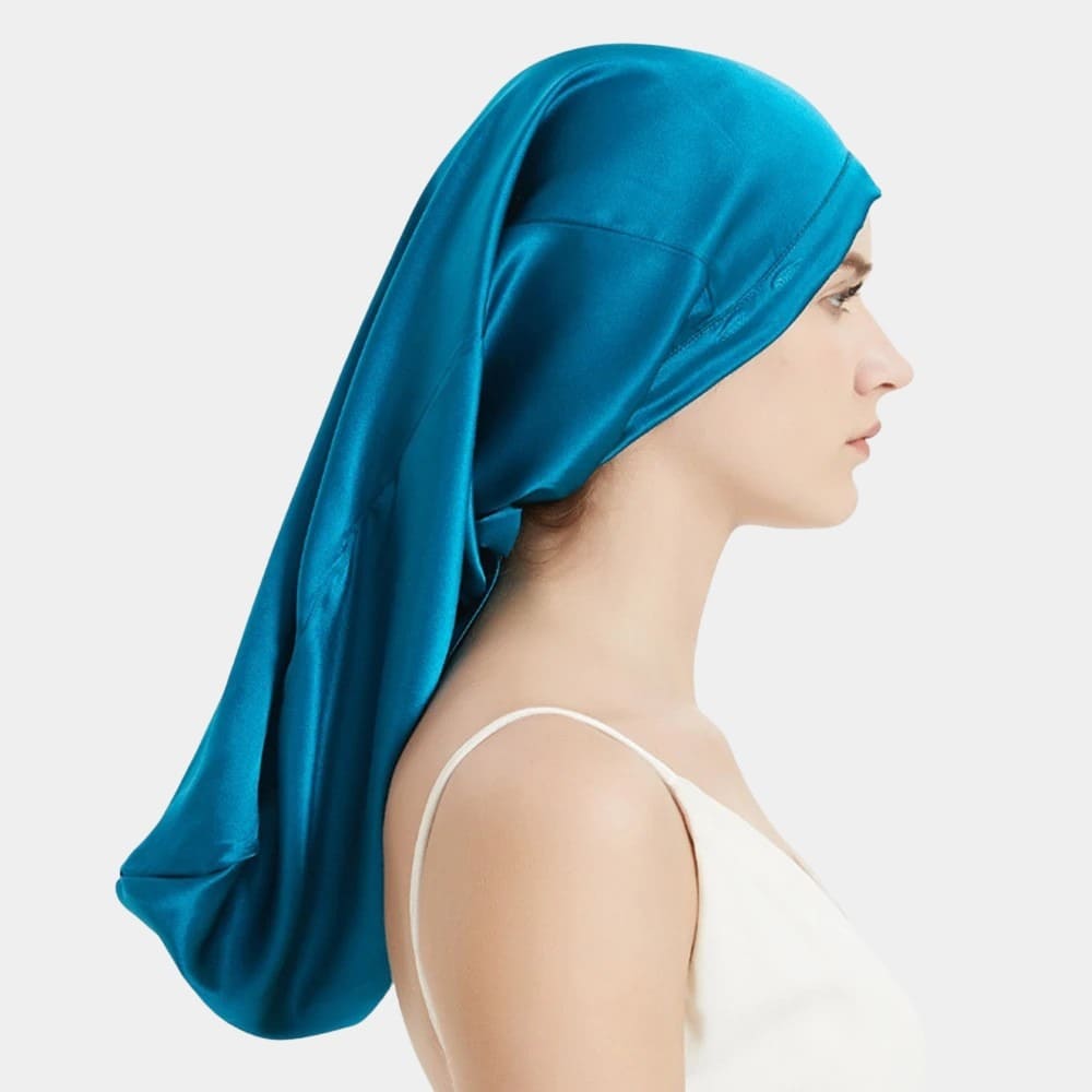 Bonnet de nuit en soie long bleu