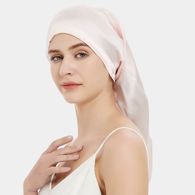 Bonnet de nuit en soie long rose pâle