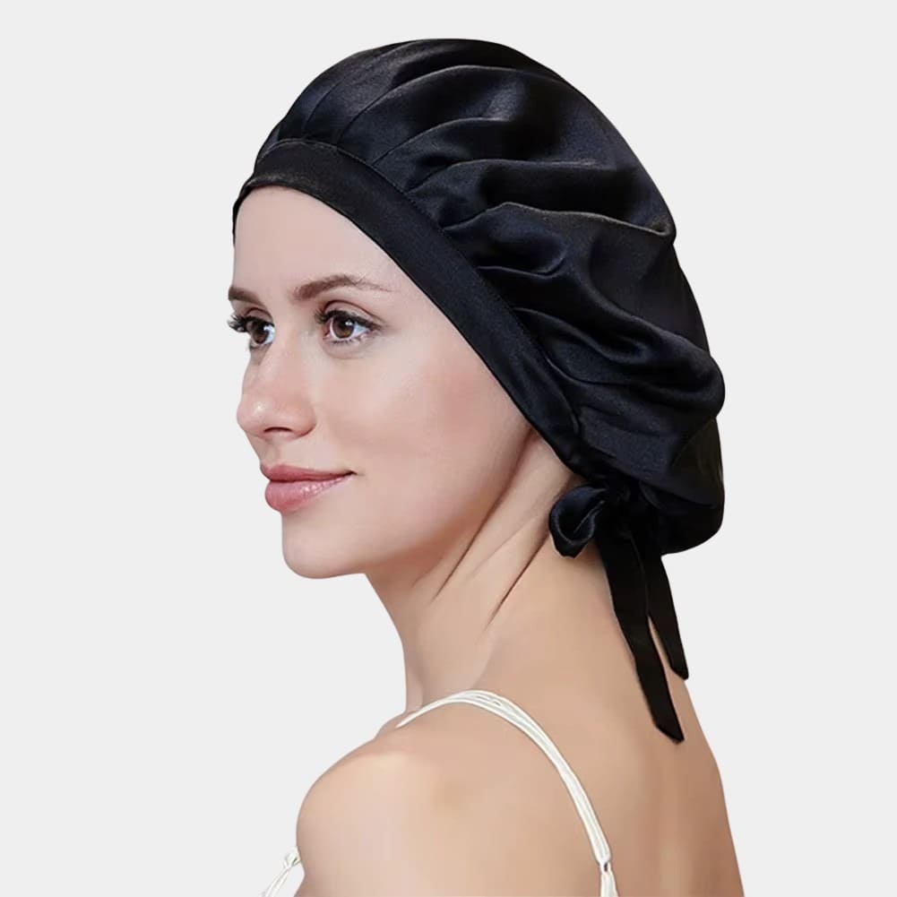 Bonnet de nuit en soie noir ajustable