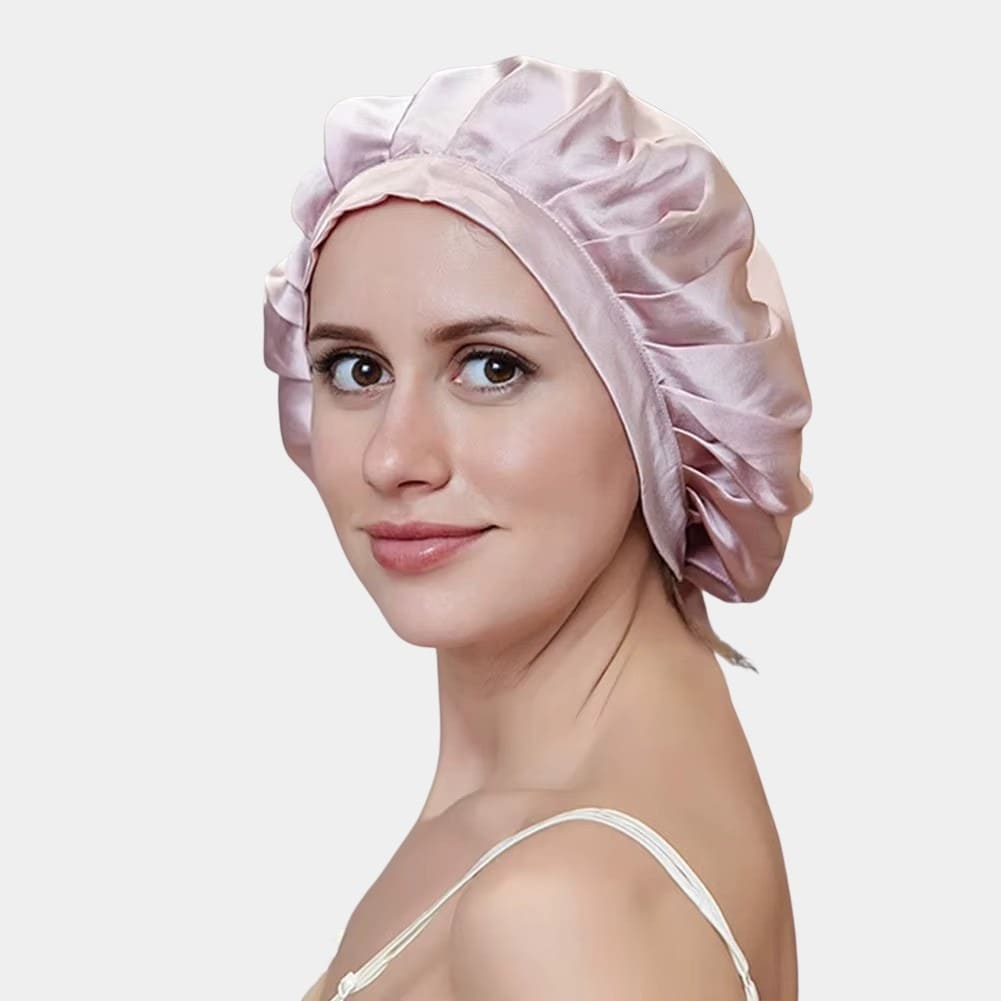 Bonnet de nuit en soie rose clair ajustable