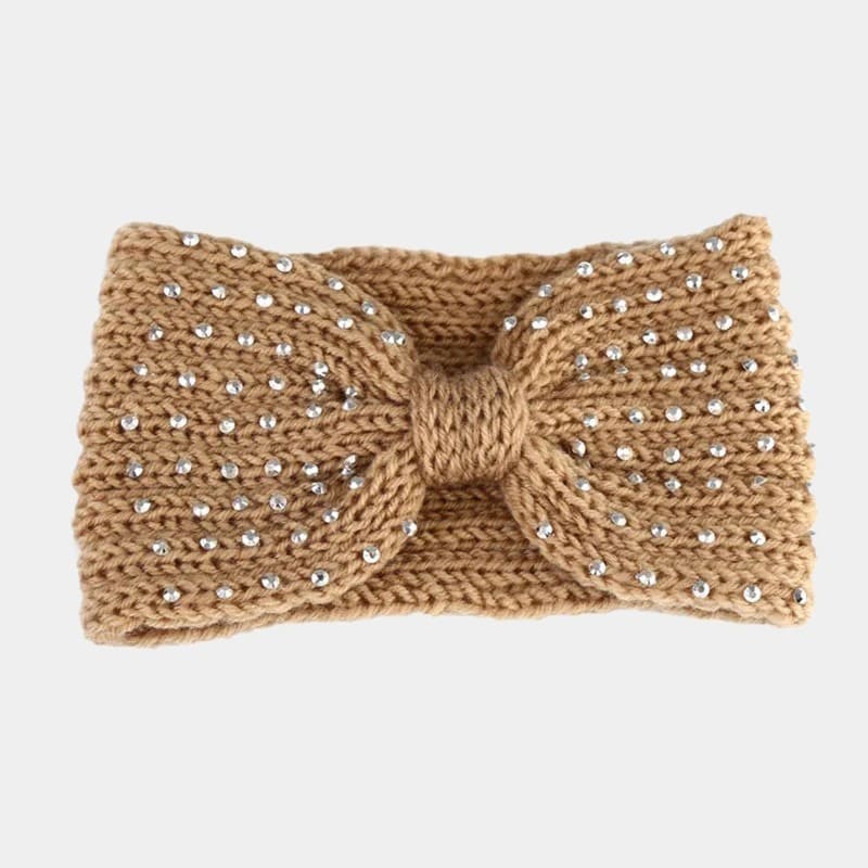 Bandeau en laine beige avec perles et nœud