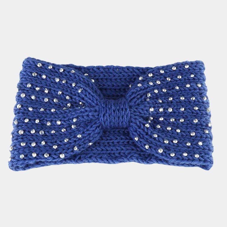 Bandeau en laine bleu avec perles et nœud