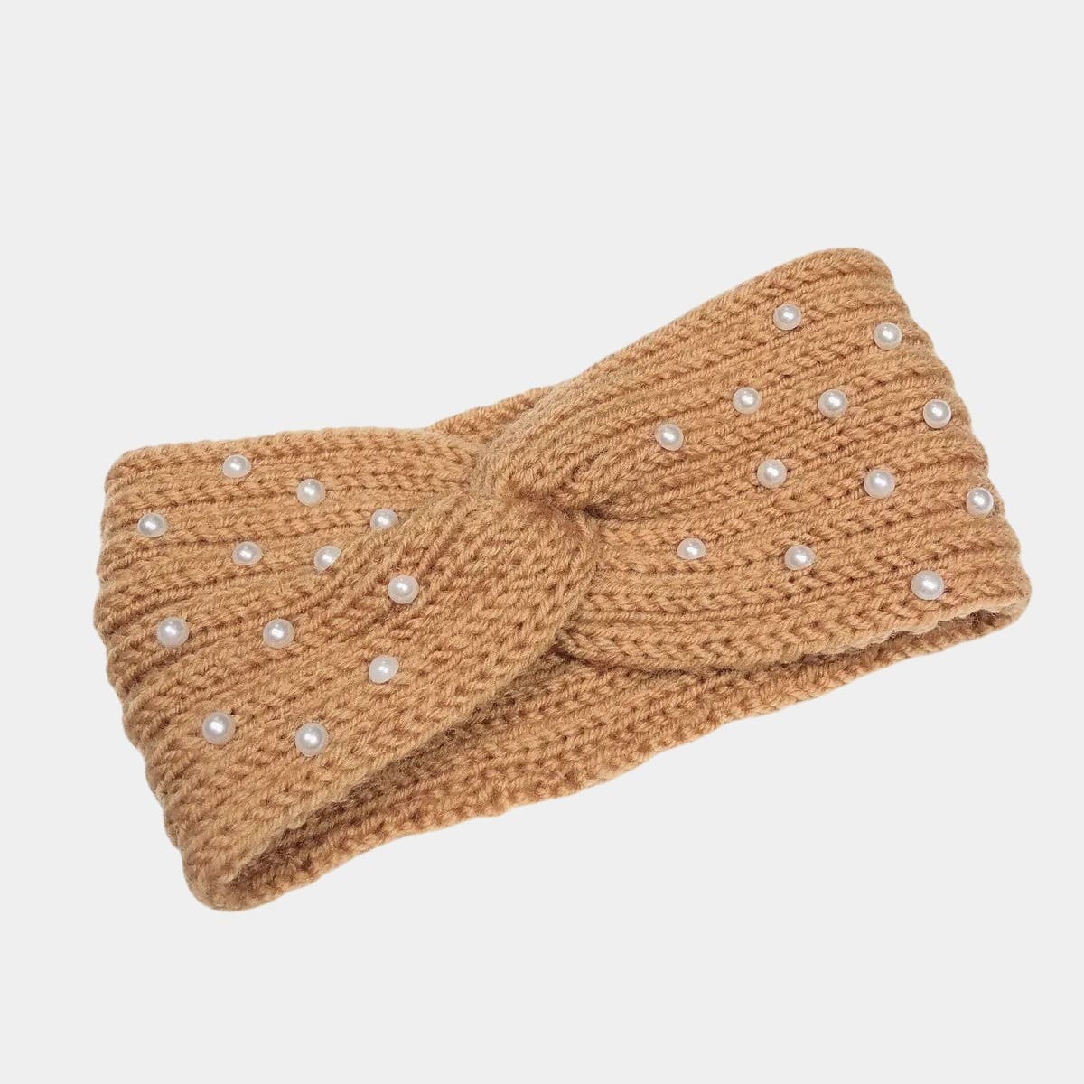 Bandeau en laine camel avec perles