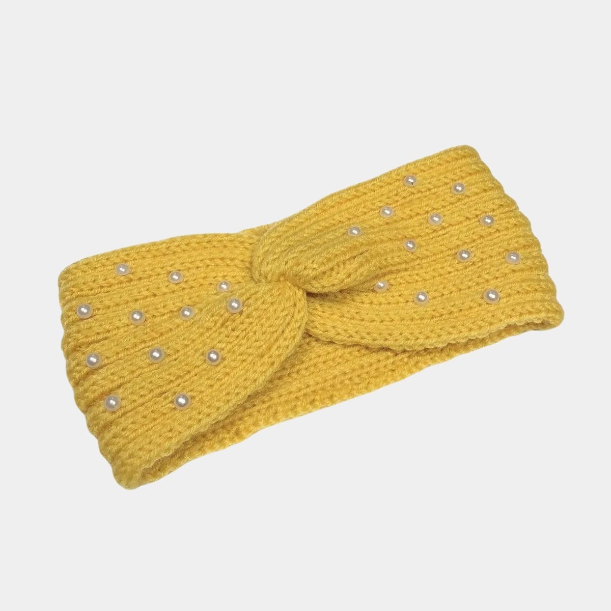 Bandeau en laine jaune avec perles
