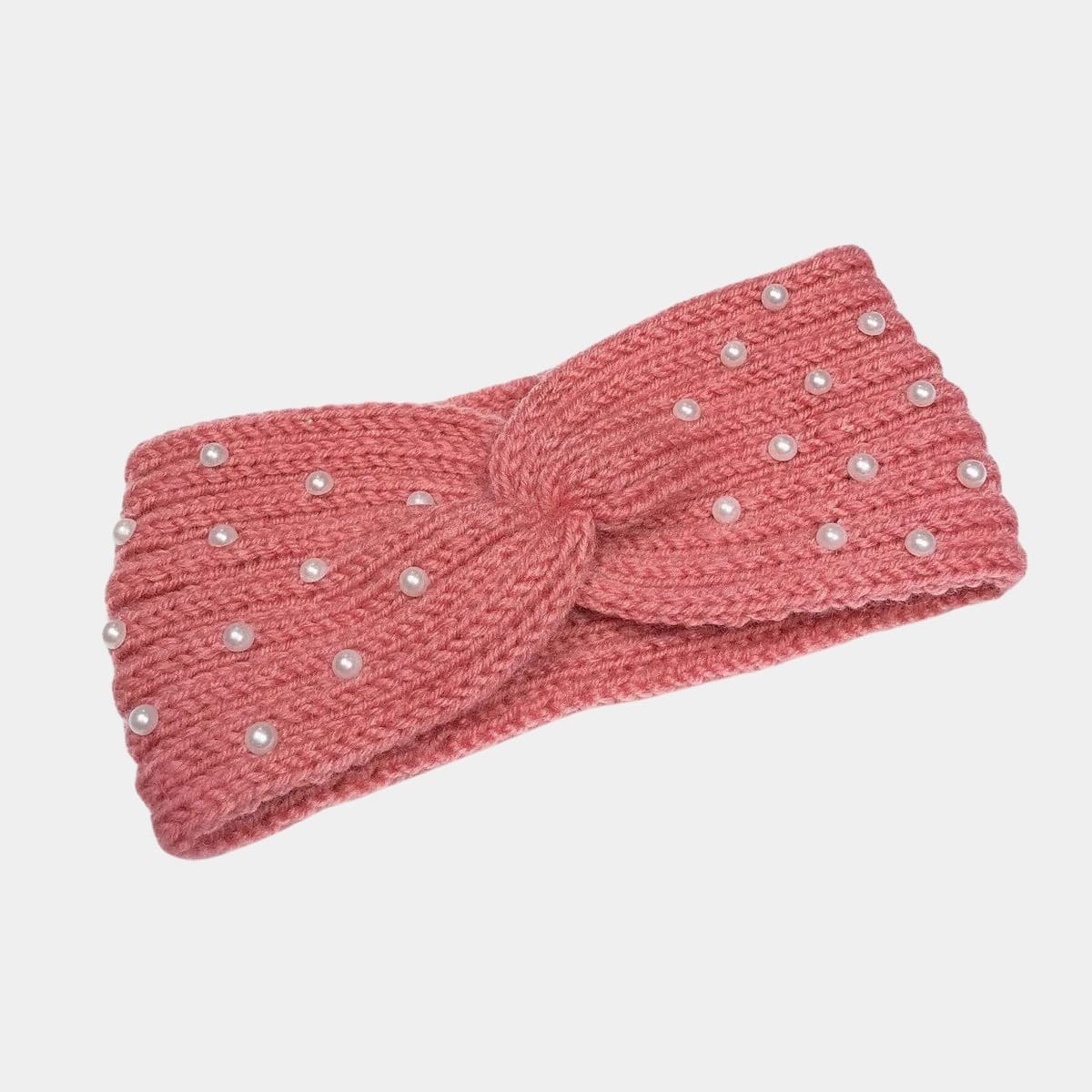 Bandeau en laine rose avec perles
