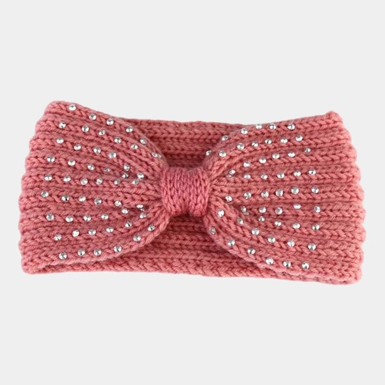Bandeau en laine rose avec perles et nœud