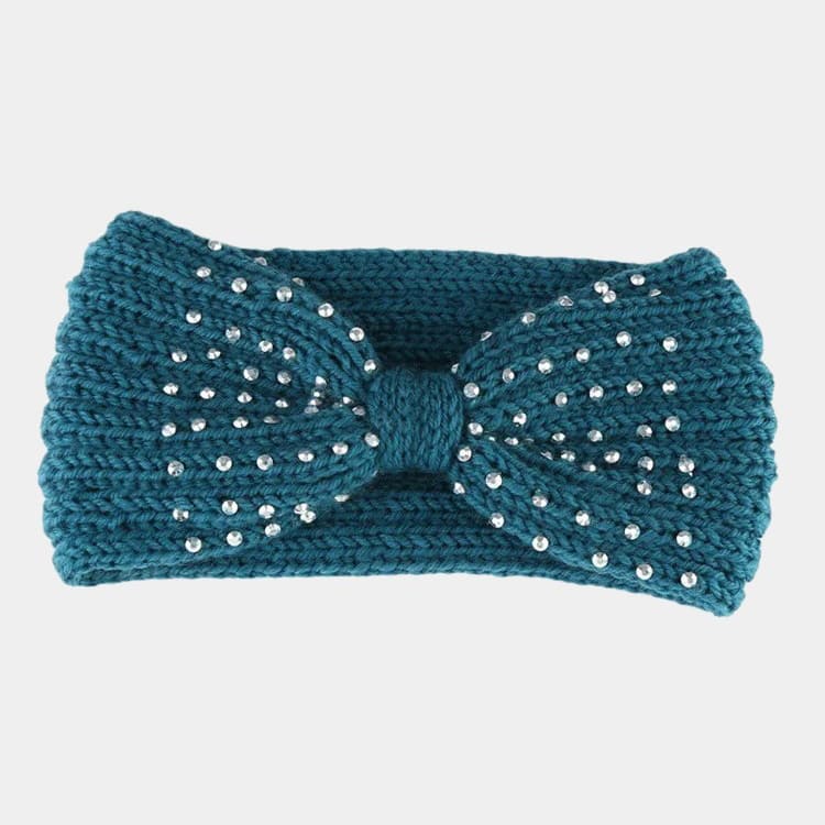 Bandeau en laine turquoise avec perles et nœud