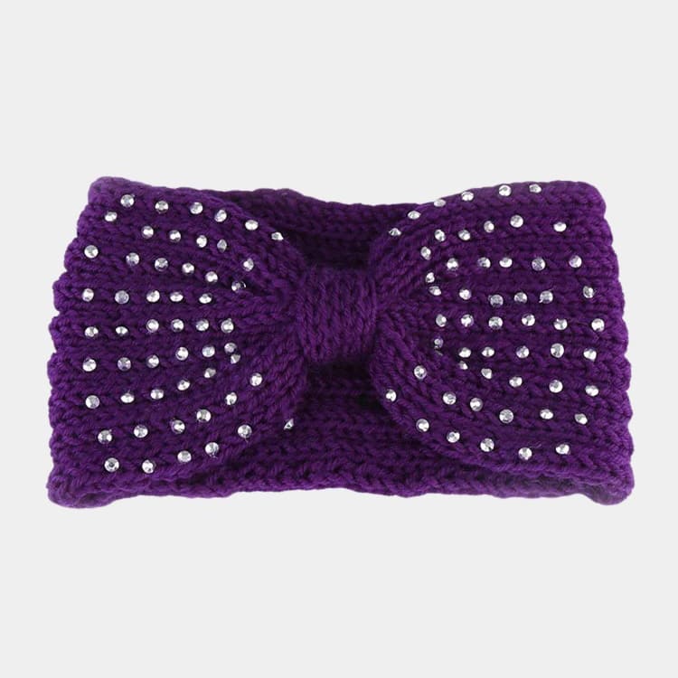 Bandeau en laine violet avec perles et nœud