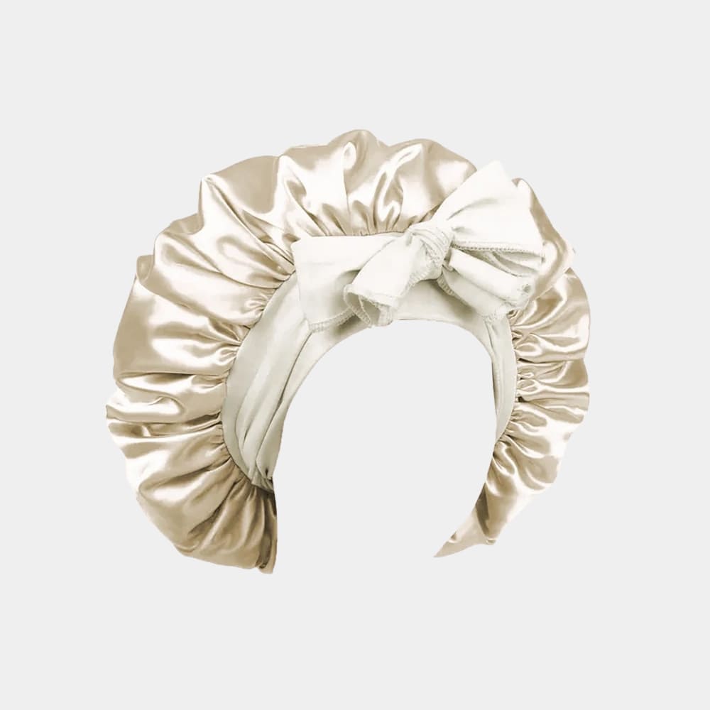 Bonnet de nuit en satin beige avec nœud ajustable