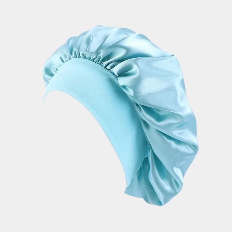 Bonnet de nuit en satin bleu aqua avec bandeau