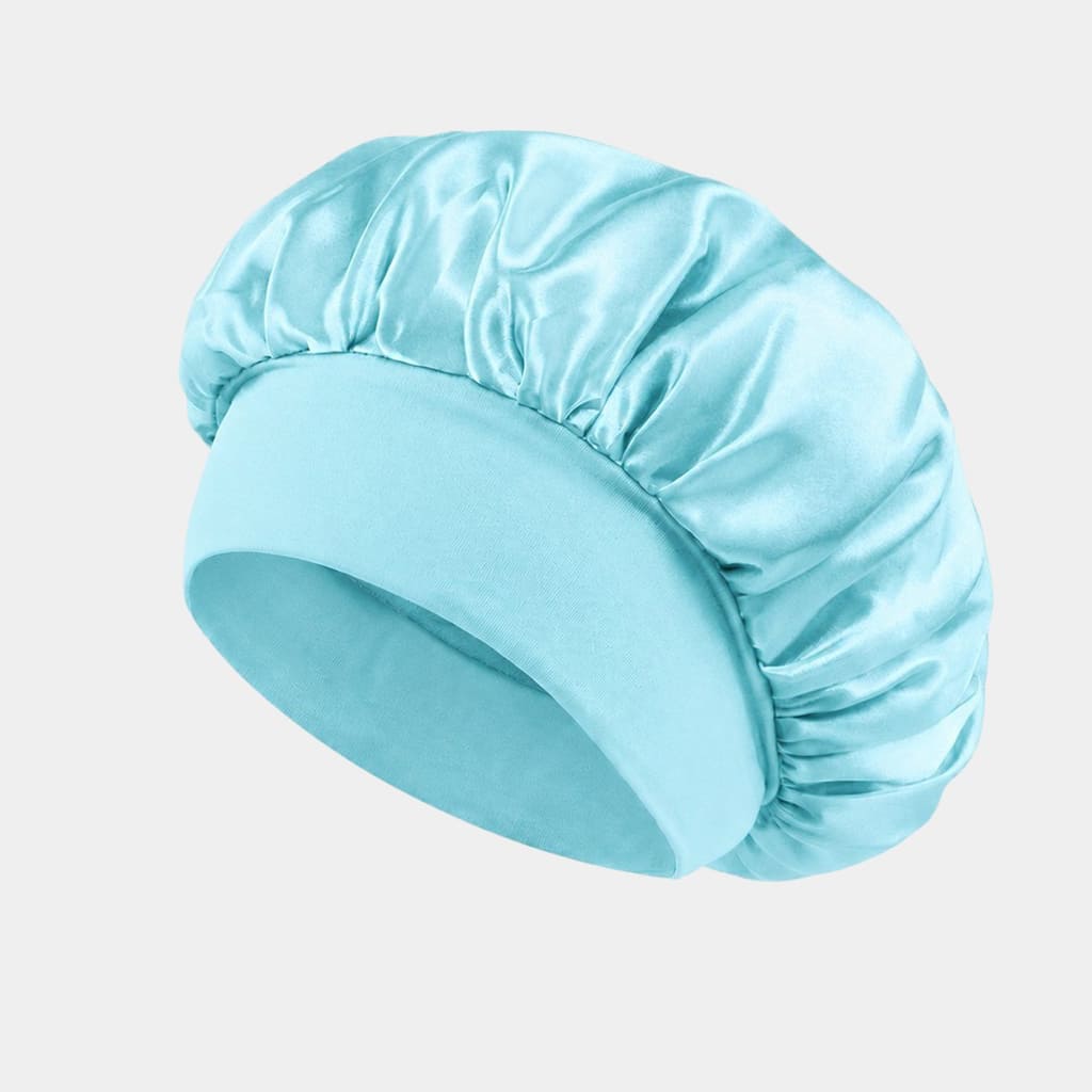 Bonnet de nuit en satin bleu aqua avec bandeau