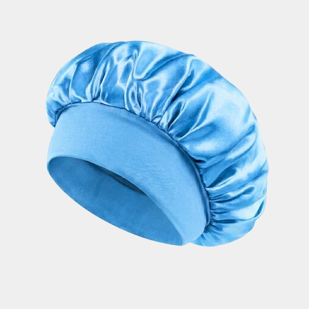 Bonnet de nuit en satin bleu ciel avec bandeau