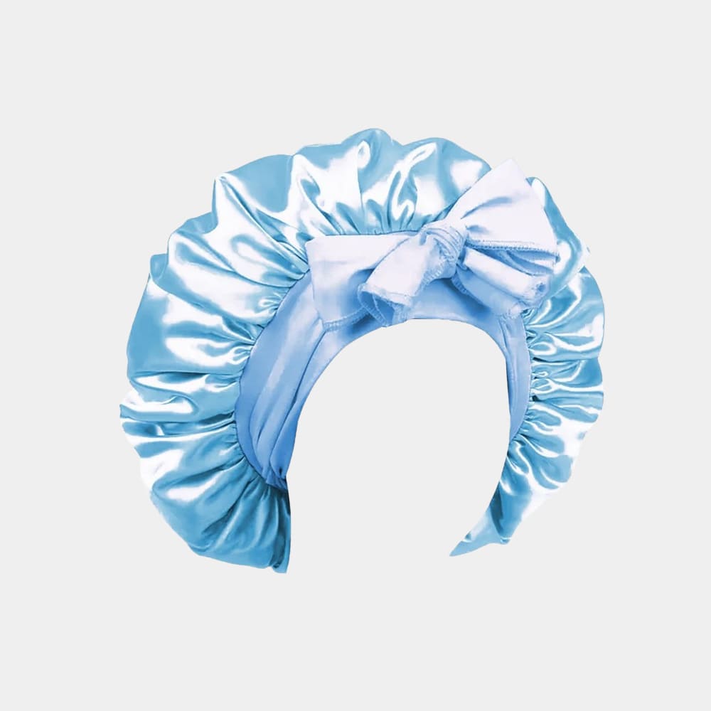 Bonnet de nuit en satin bleu clair avec nœud ajustable