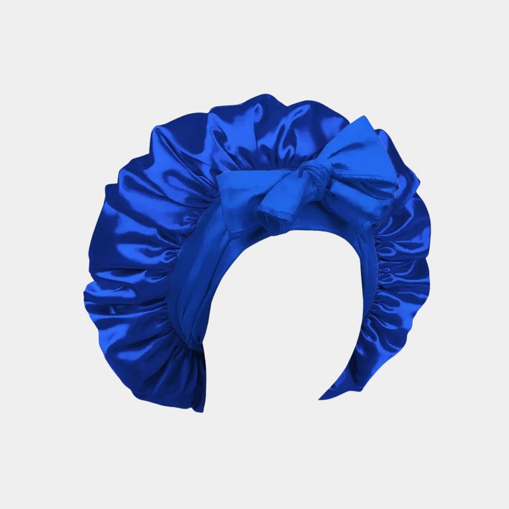 Bonnet de nuit en satin bleu roi avec nœud ajustable