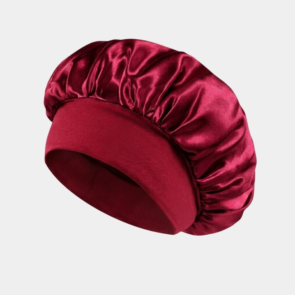 Bonnet de nuit en satin bordeaux avec bandeau