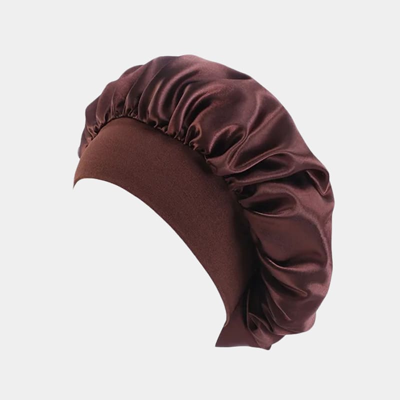 Bonnet de nuit en satin café avec bandeau