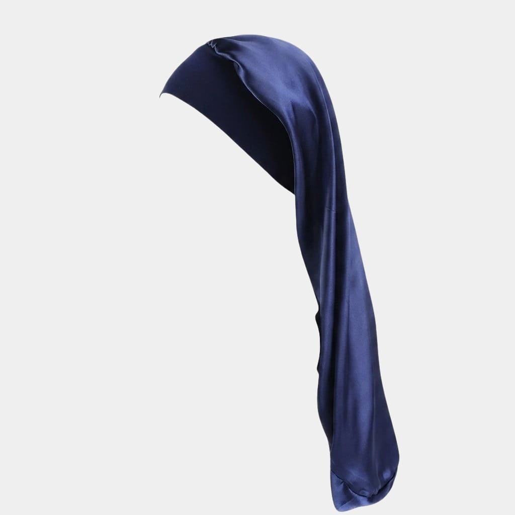 Bonnet de nuit en satin long bleu marine