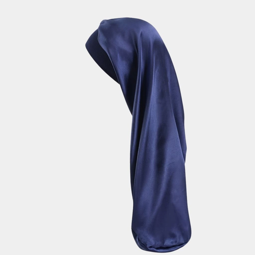 Bonnet de nuit en satin long bleu marine