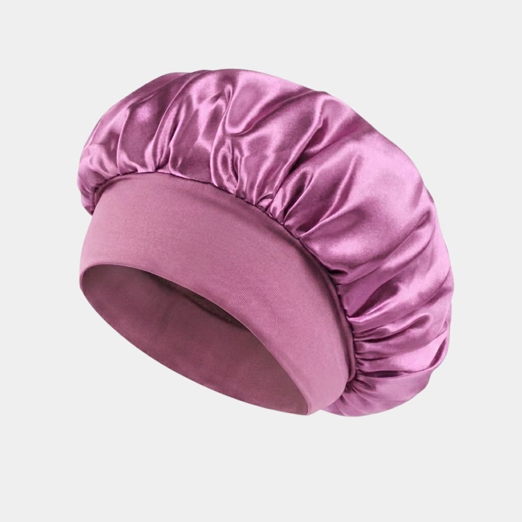 Bonnet de nuit en satin mauve avec bandeau