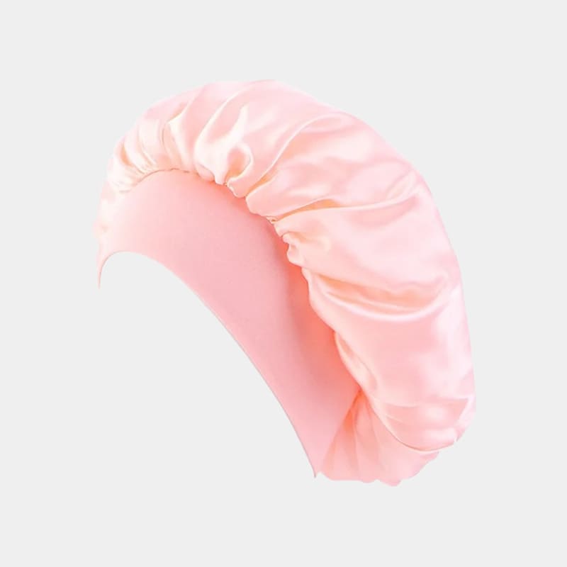 Bonnet de nuit en satin rose poudré avec bandeau