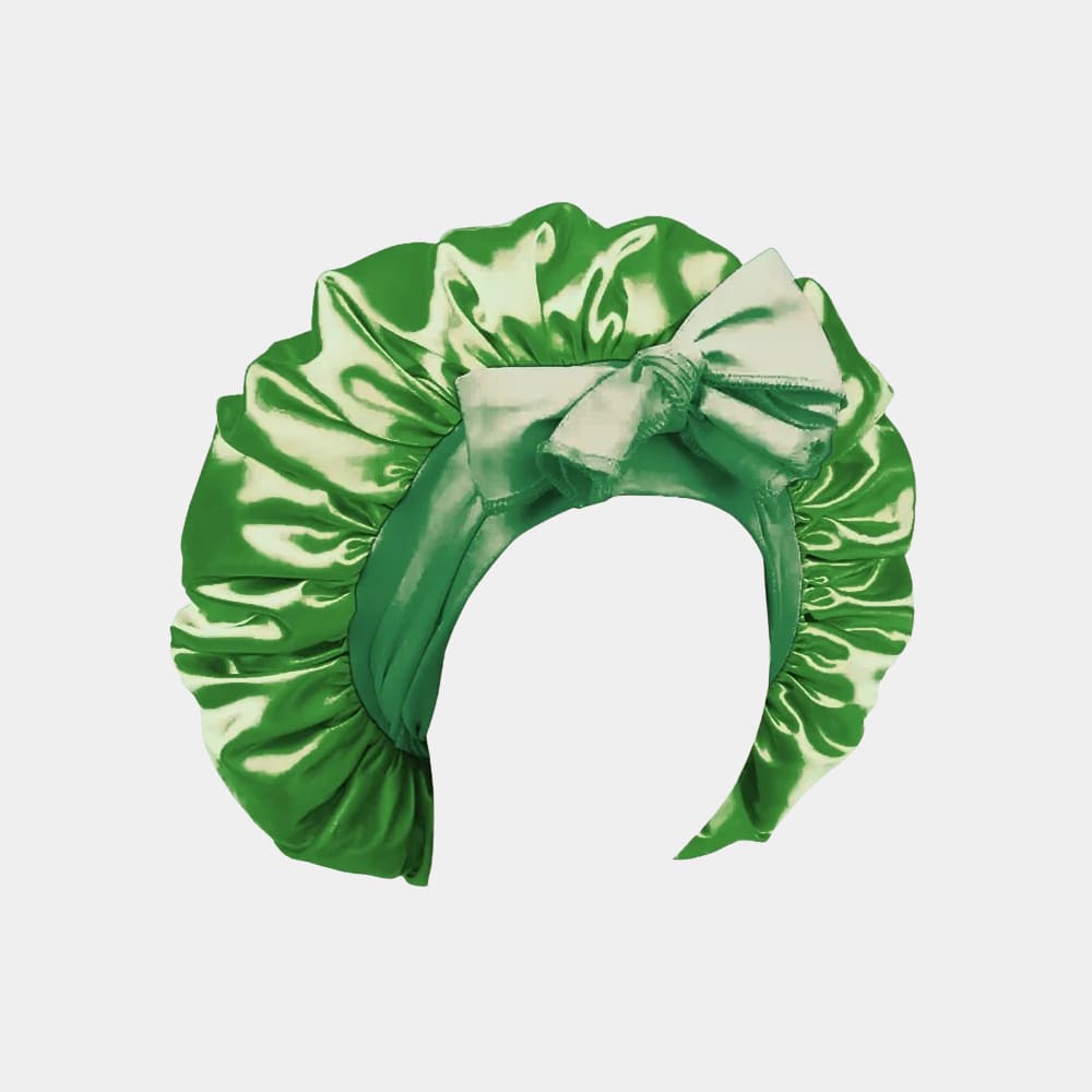 Bonnet de nuit en satin vert avec nœud ajustable
