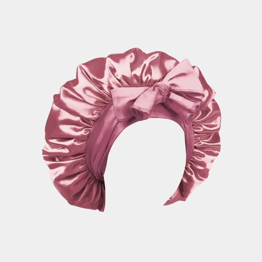 Bonnet de nuit en satin vieux rose avec nœud ajustable