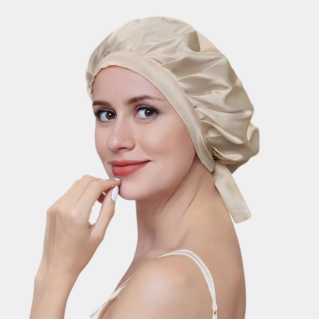 Bonnet de nuit en soie beige ajustable