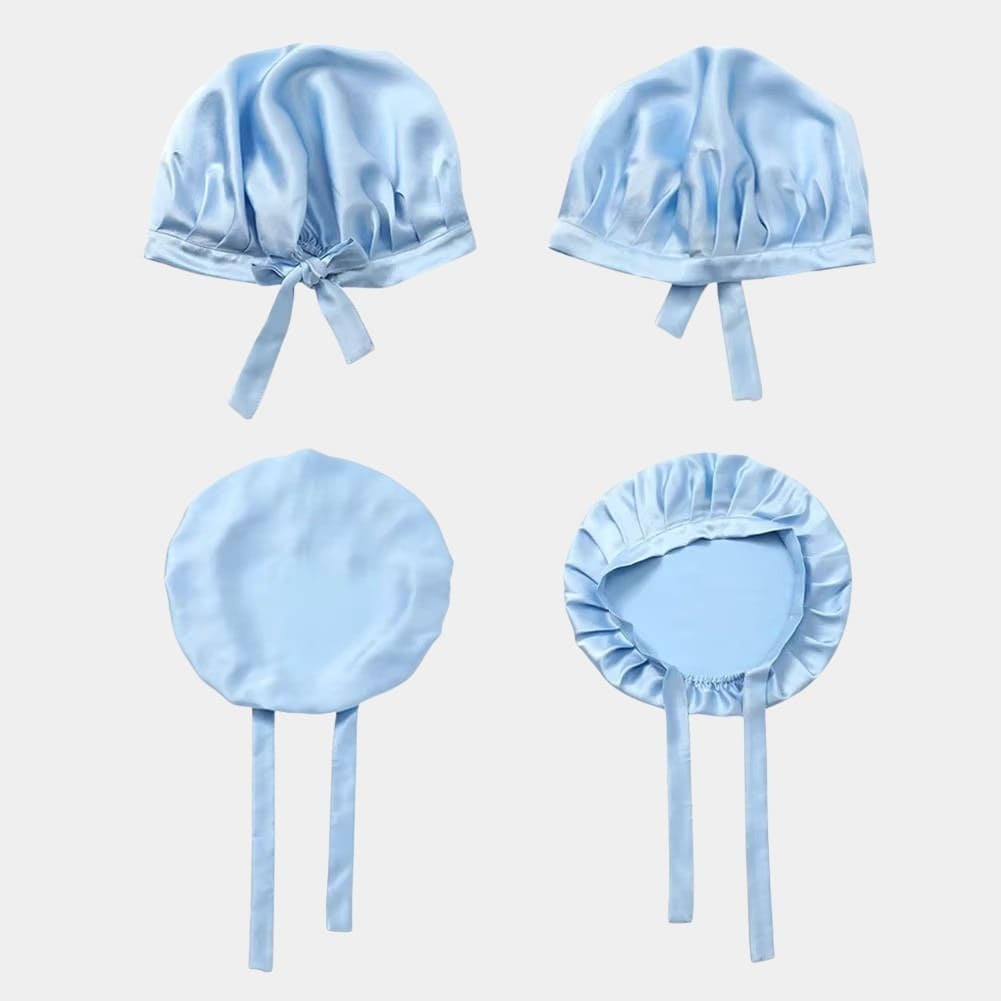 Bonnet de nuit en soie bleu ciel ajustable
