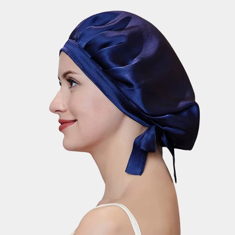 Bonnet de nuit en soie bleu marine ajustable