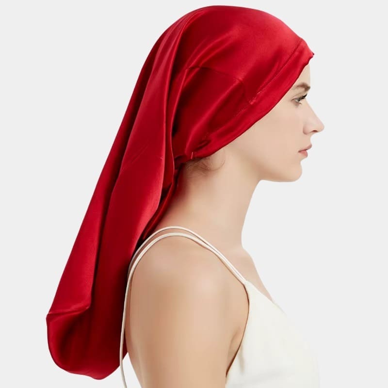 Bonnet de nuit en soie long rouge