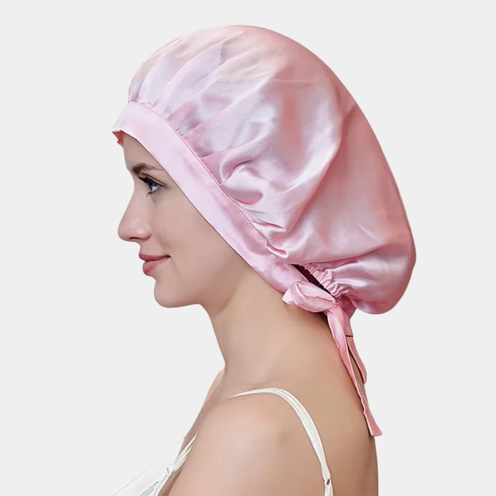 Bonnet de nuit en soie rose ajustable
